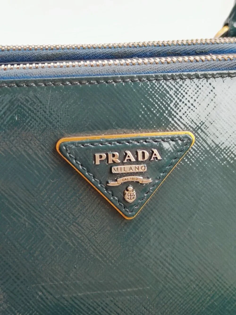 PRADA Vintage Green Saffiano Patent Leather Top Handle Handbag Gold Hardware